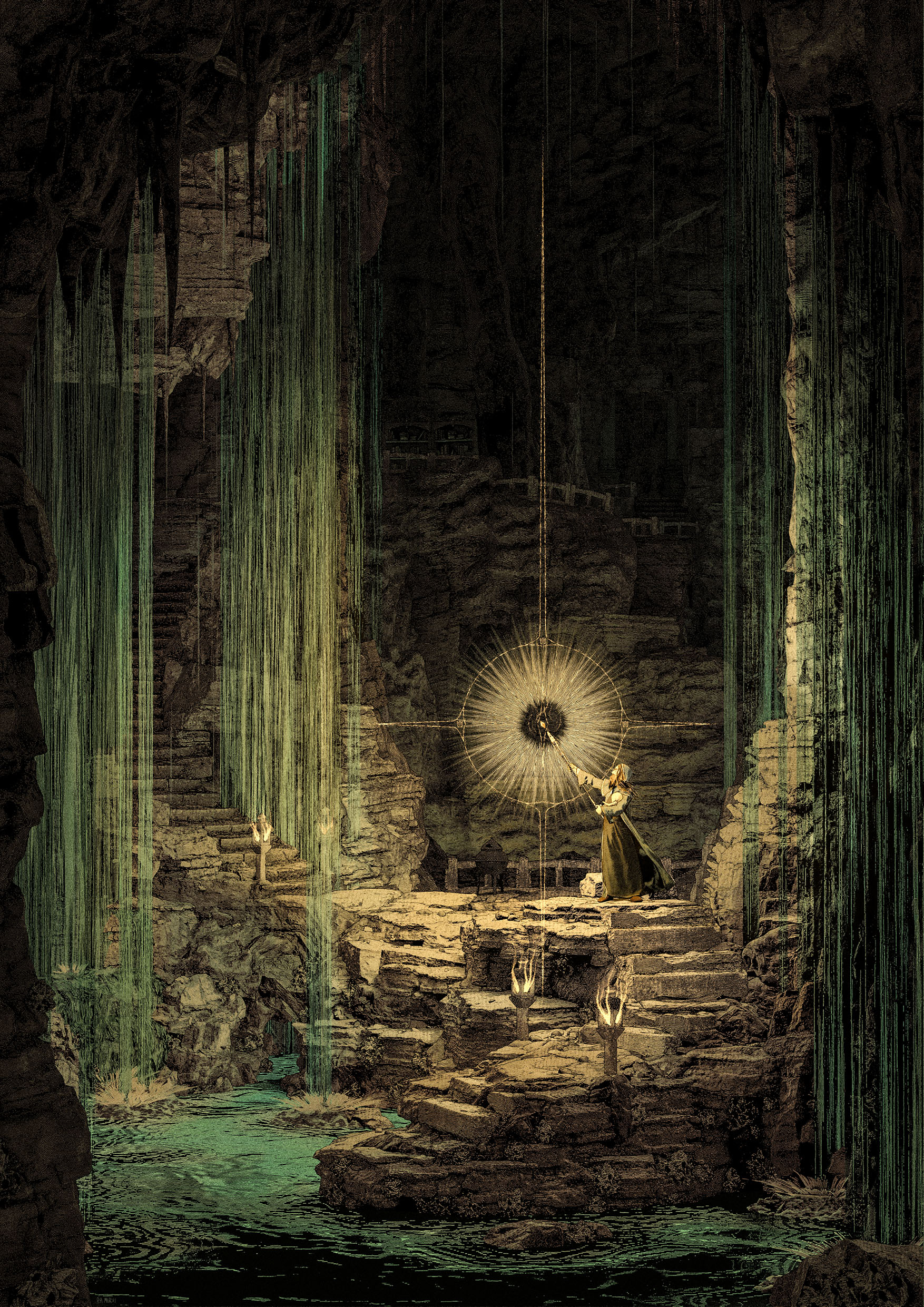Highly detailed illustration of a wizard casting light in a dark cave.