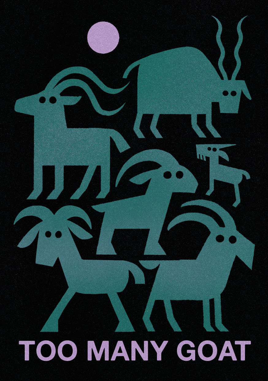 Stylised illustrated goats and a purple moon