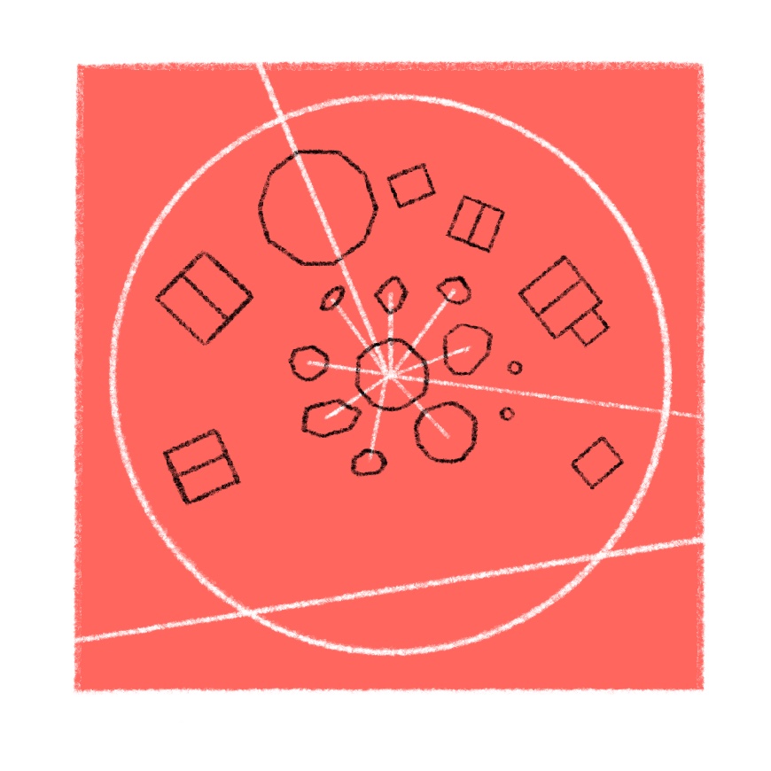 A map of Free Stone City, showing a ring of seven structures surrounding a stone circle.